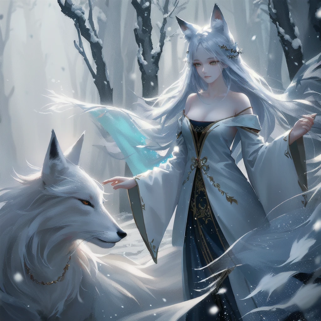 In the mysterious forest, the snow-white fox cruises gracefully, his fur shimmers silvery white, and his eyes reveal wisdom and mystery. It is best to depict a side border, facing line of sight, and he loves the artistic style and infectious images.