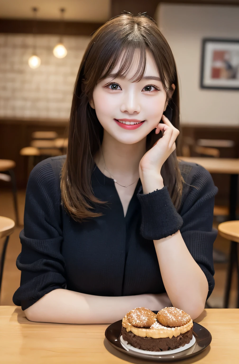 Tabletop, highest quality, figure, Very detailed, In detail, High resolution, 8k wallpaper, Perfect dynamic composition, 1 beautiful girl, Beautiful fine details, Girly blouse, Medium Hair, Normal ???????, Natural color lip, Random Pause, smile, Open your mouth:0.8, Stylish cafe, 20-year-old girl, sit, Chocolate parfait on the table,