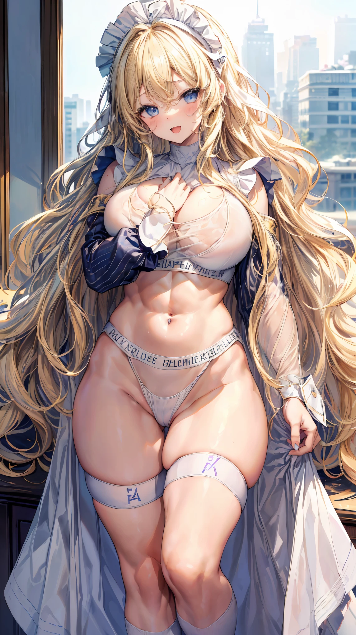 Super detailed、highest quality、Best image quality、masterpiece、8K、Anime Face、A kind smile、Open Mouth、Sparkling Blue Eyes、(Long blonde wavy hair:1.5)、Heavy bangs、Wearing a maid headband、(SFW huge body)、Cowboy Shot、(Wearing a white thong:1.5)、Muscles of the whole body、Knee-high、(In underwear:1.5)