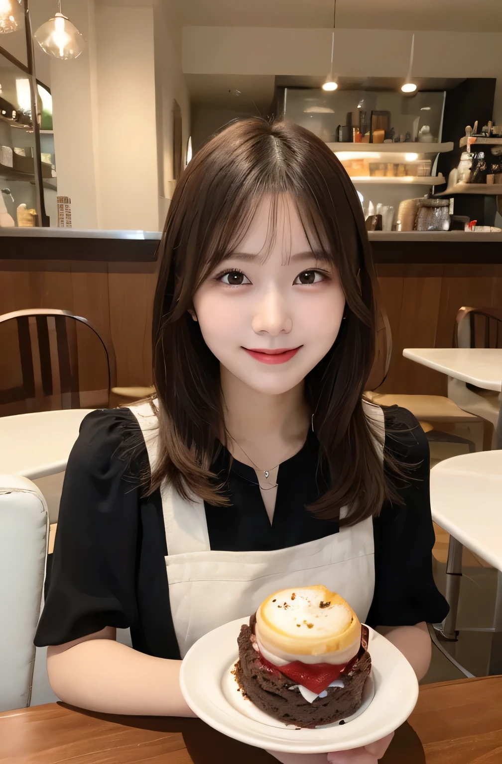 Tabletop, highest quality, figure, Very detailed, In detail, High resolution, 8k wallpaper, Perfect dynamic composition, 1 beautiful girl, Beautiful fine details, Girly blouse, Medium Hair, Normal breasts, Natural color lip, Random Pause, smile, Open your mouth:0.8, Stylish cafe, 20-year-old girl, sit, Chocolate parfait on the table,