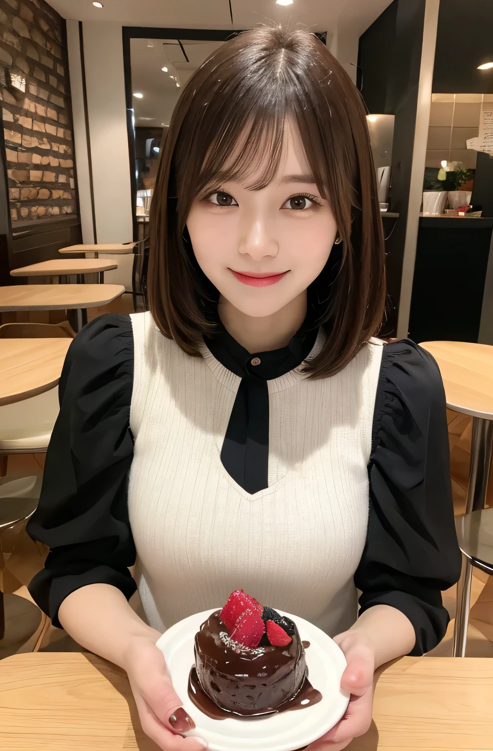 Tabletop, highest quality, figure, Very detailed, In detail, High resolution, 8k wallpaper, Perfect dynamic composition, 1 beautiful girl, Beautiful fine details, Girly blouse, Medium Hair, Normal breasts, Natural color lip, Random Pause, smile, Open your mouth:0.8, Stylish cafe, 20-year-old girl, sit, Chocolate parfait on the table,