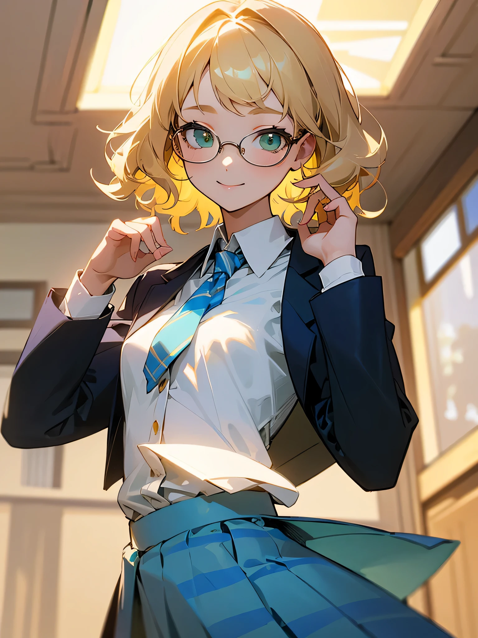 masterpiece, highest quality、girl、student、short hair、Wavy Hair、blonde、green eyes、slender、Small breasts、White blouse、Blue tie、Cream-colored blazer、Blue checked skirt、Glasses、smile、classroom、Upper Body