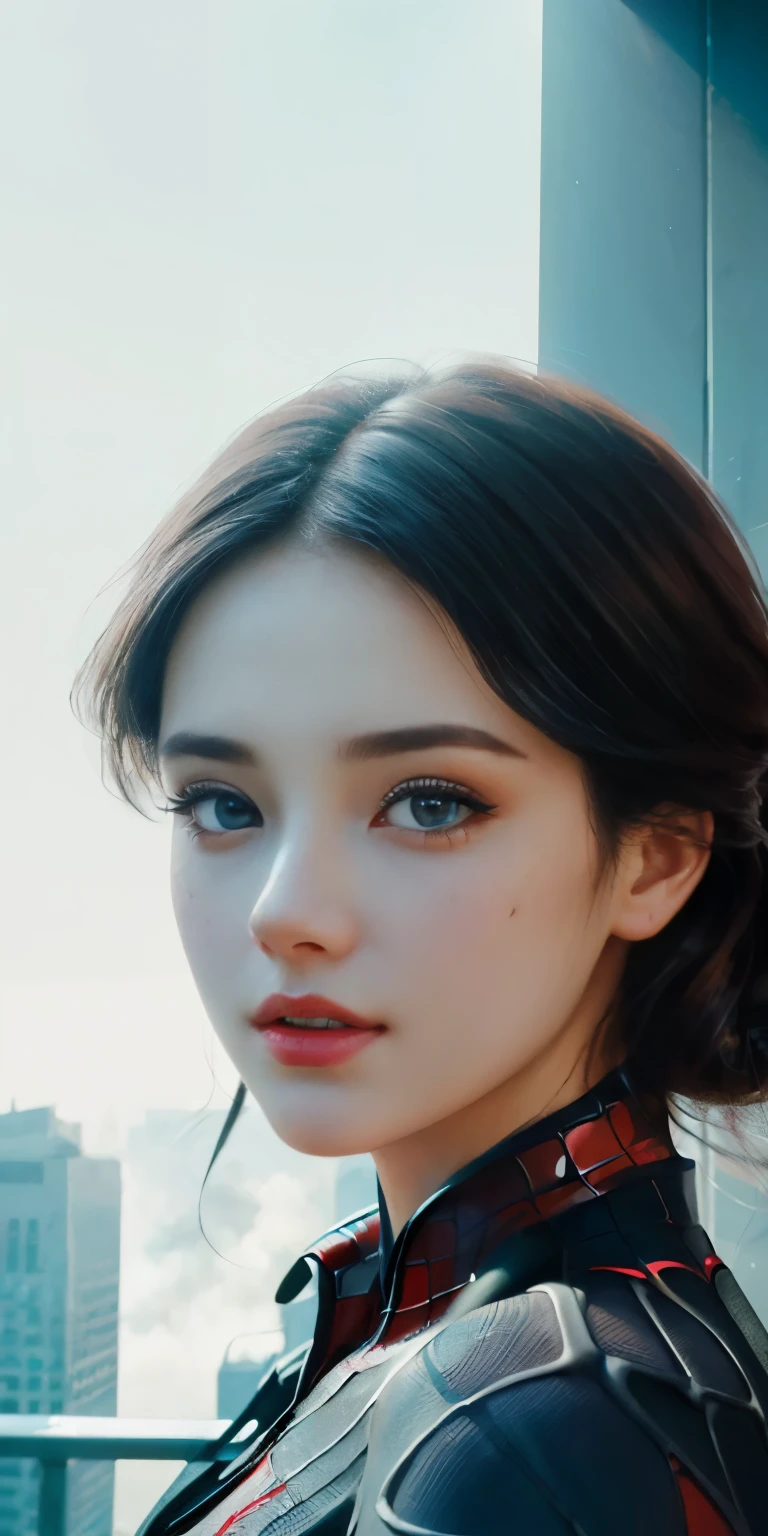 (1girl:1.3), Solo, (((Very detailed face)))), ((Very detailed eyes and face)))), Beautiful detail eyes, Body parts__, Official art, Unified 8k wallpaper, Super detailed, beautiful and beautiful, beautiful, masterpiece, best quality, original, masterpiece, super fine photo, best quality, super high resolution, realistic realism, sunlight, full body portrait, amazing beauty, dynamic pose, delicate face, vibrant eyes, (from the front), She wears Spider-Man suit, red and black color scheme, spider, very detailed city roof background, rooftop, overlooking the city, detailed face, detailed complex busy background, messy, gorgeous, milky white, highly detailed skin, realistic skin details, visible pores, clear focus, volumetric fog, 8k uhd, DSLR, high quality, film grain, fair skin, photo realism, lomography, futuristic dystopian megalopolis, translucent