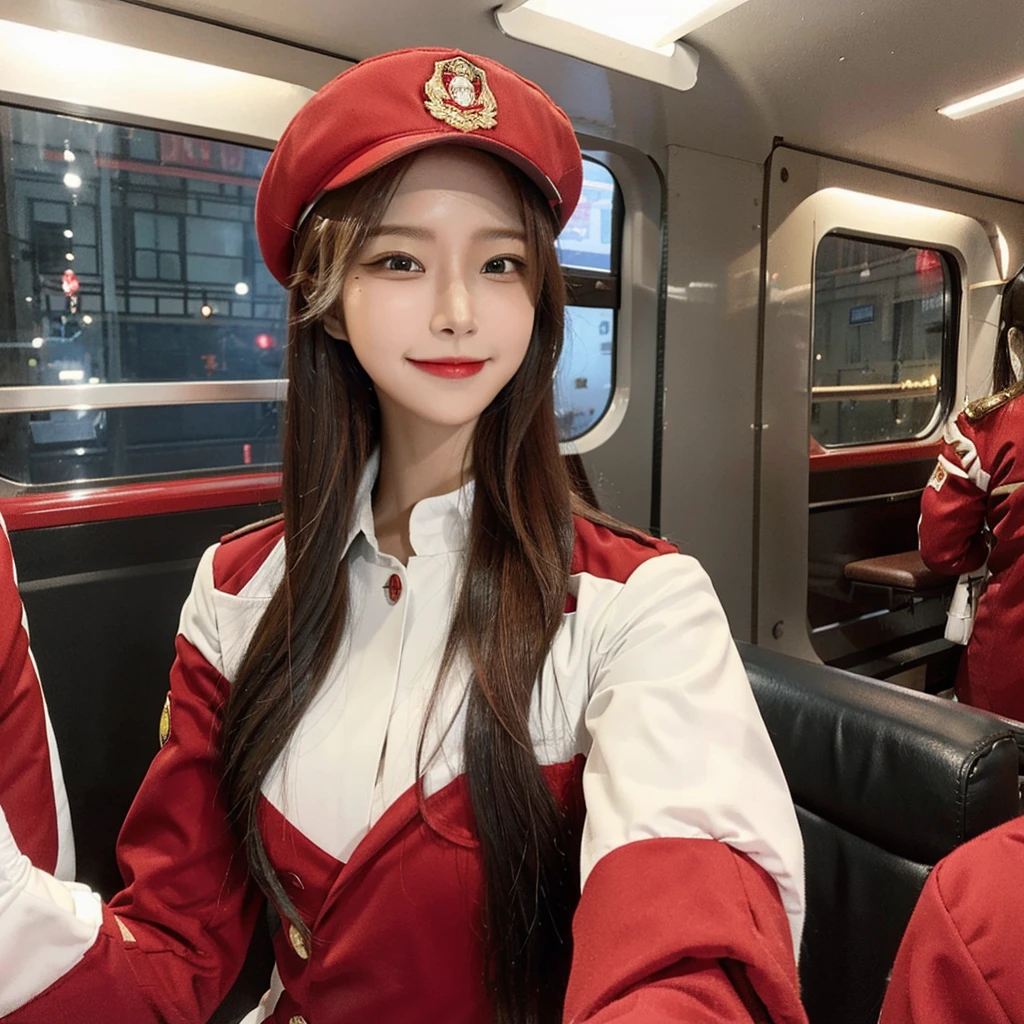 1woman, Long hair red, smile, red pilot uniform, red train pilot suit, white gloves, red pilot hat,