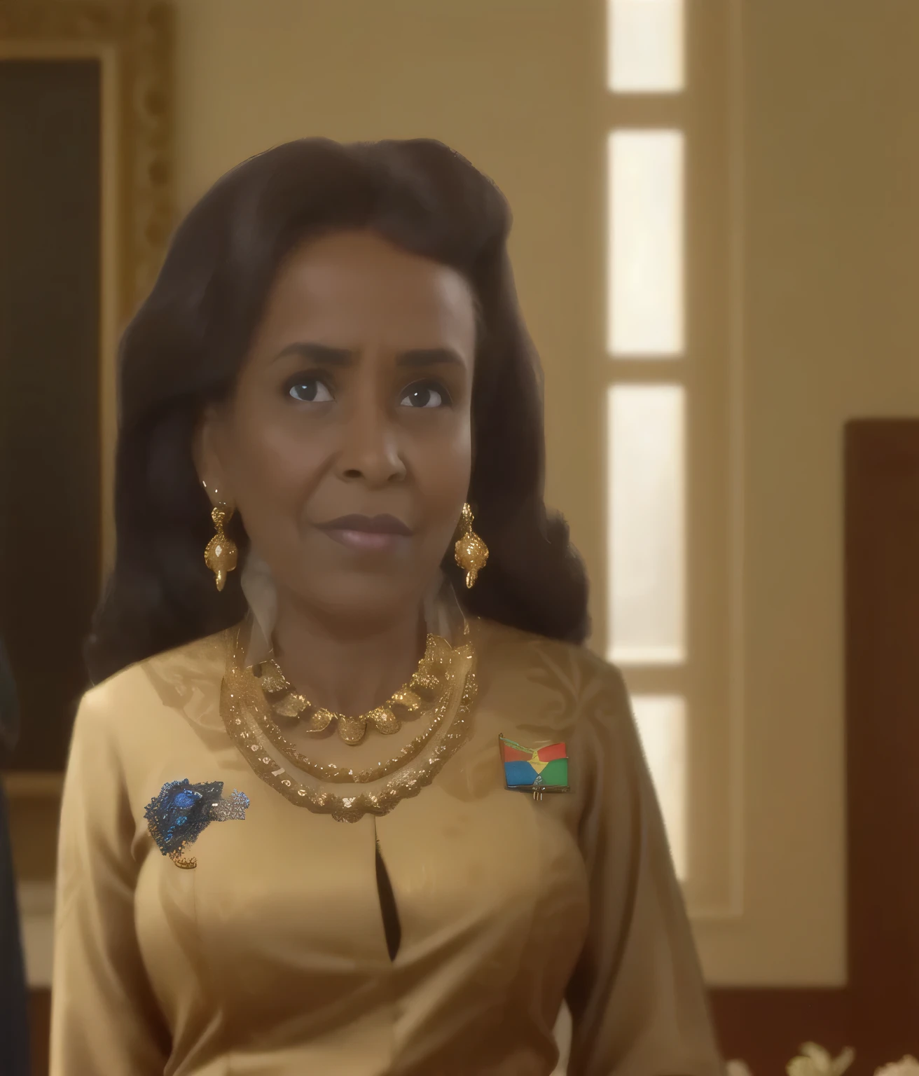 mujer,primera dama de eritrea, tiene piel oscura, he is 63 years old,ella esta mirando al frente