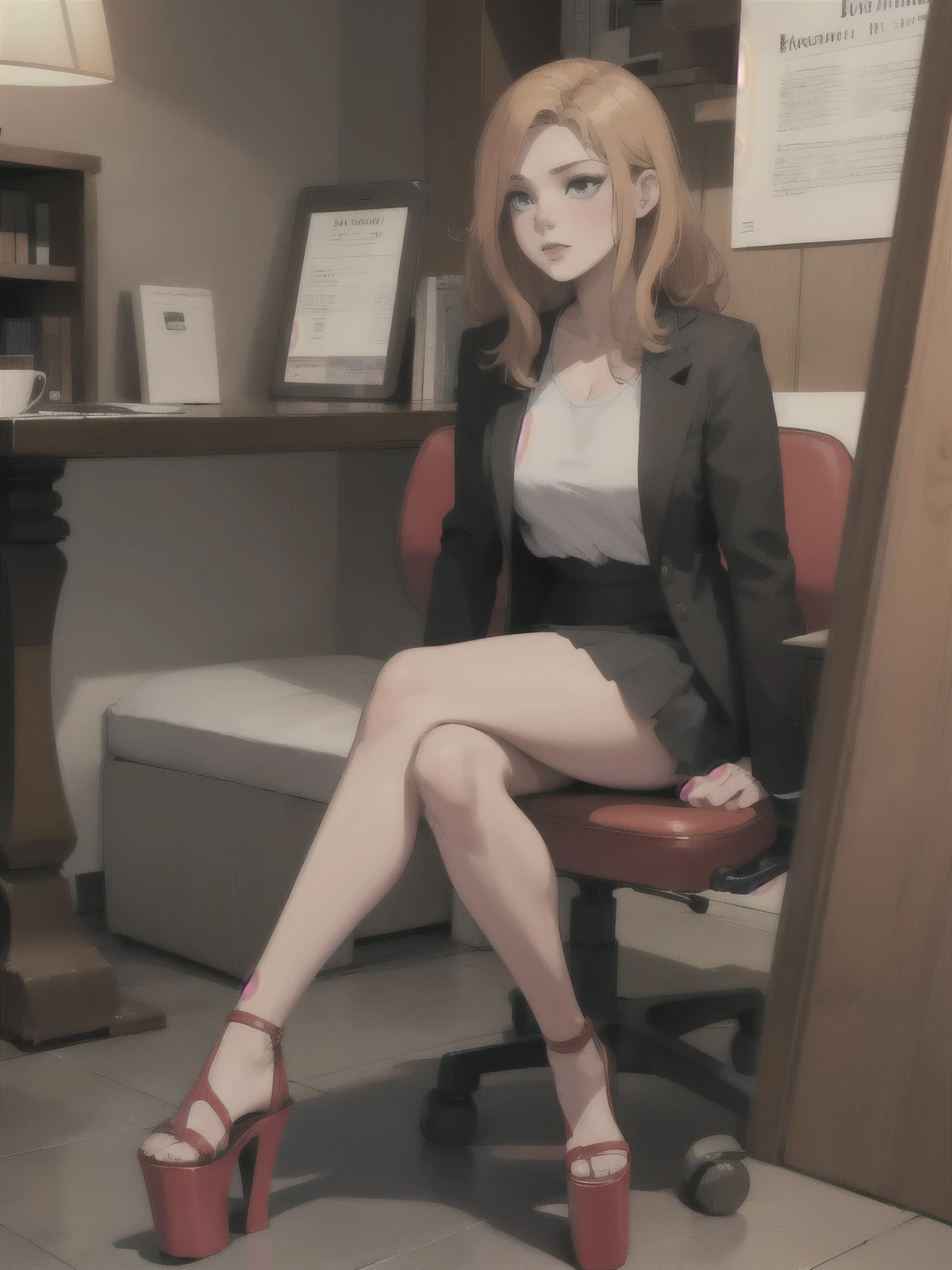 woman, sitting, skirt, shirt, (full body:1), wearing platform heels, mules, high heels, mules, female feet wearing platform heels