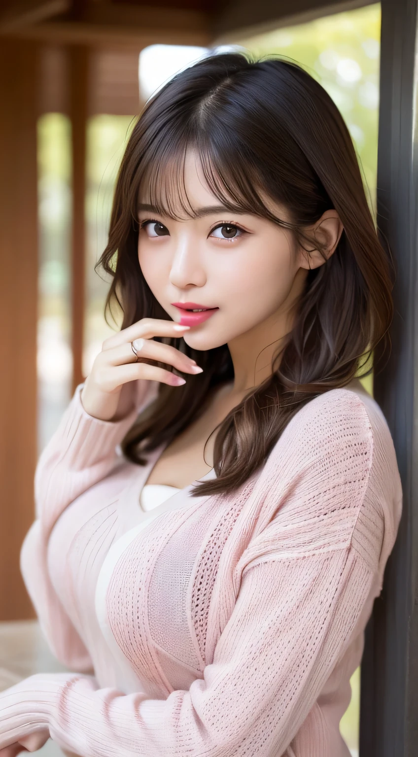 Tabletop, highest quality, Photorealistic, In detail, High resolution, 8k wallpaper, Perfect dynamic composition, Beautiful fine details, Medium Hair, Tied Hair、Big ample breasts, Random sexy poses,Close your chest、(Tight pink see-through knitwear)、(Breast Swelling 1.3)、Laughter、Open your mouth、The tip of the tongue is visible、(Licking lips 1.5)、Beautiful resort scenery、Age 25、(Droopy Eyes 1.4)、 beauty、Japanese、Look at the person taking the photo