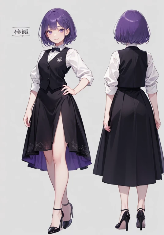 ((Perfect Face)),Purple Hair,short hair,1 female,A shirt with rolled up sleeves,,Black vest,skirt,slit,High heels,((Simple light color background)),((smile)),((Full Body)),((full body)),Portraits,Character Sheet,upright,expensive