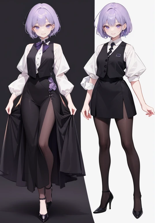 ((Perfect Face)),Purple Hair,short hair,1 female,A shirt with rolled up sleeves,,Black vest,skirt,slit,High heels,((Simple light color background)),((smile)),((Full Body)),((full body)),Portraits,Character Sheet,upright,expensive