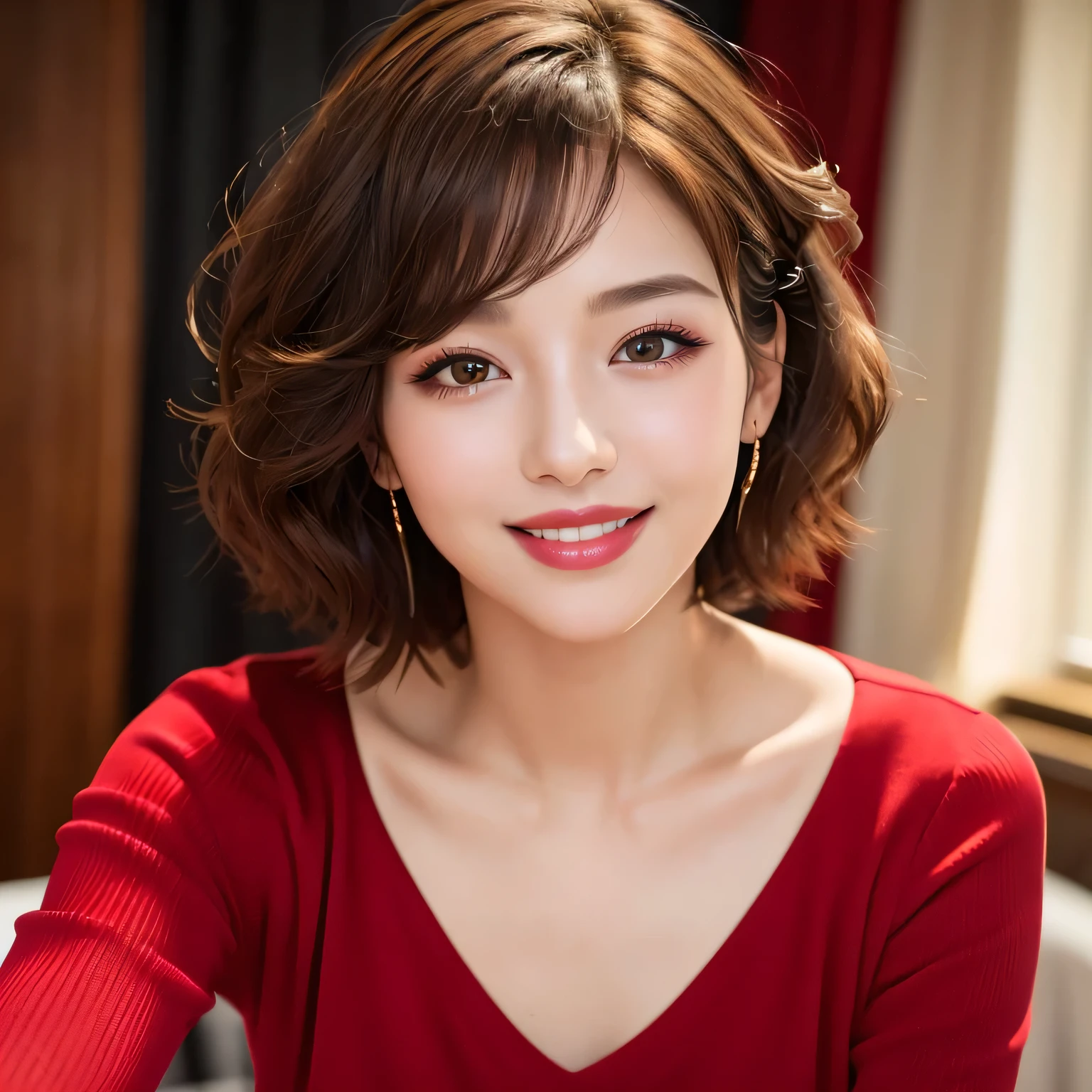 (highest quality、Tabletop、8k、Best image quality、Award-winning works)、(One Girl, :1.3)、(Perfect V-neck long knit red sweater:1.2)、(Red eyeshadow:1.2)、Perfect Makeup、Long eyelashes、Ultra-high definition sparkling eyes、Ultra HD Hair、Ultra High Resolution Glossy Lips、Ultra High Resolution Perfect Teeth、Ultra HD cute face、Brown Hair、(Very short curly hair:1.1)、Look at me and smile、[clavicle]、Accurate anatomy、(Face close-up:1.5)、Luxury Love Hotel、(The most atmospheric and warm lighting:1.2)、Blurred Background