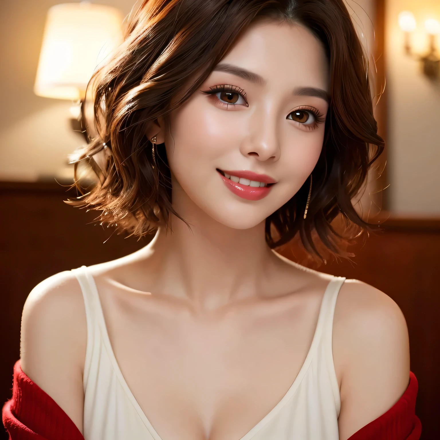 (highest quality、Tabletop、8k、Best image quality、Award-winning works)、(One Girl, :1.3)、(Perfect V-neck long knit red sweater:1.2)、(Red eyeshadow:1.2)、Perfect Makeup、Long eyelashes、Ultra-high definition sparkling eyes、Ultra HD Hair、Ultra High Resolution Glossy Lips、Ultra High Resolution Perfect Teeth、Ultra HD cute face、Brown Hair、(Very short curly hair:1.1)、Look at me and smile、[clavicle]、Accurate anatomy、(Face close-up:1.5)、Luxury Love Hotel、(The most atmospheric and warm lighting:1.2)、Blurred Background