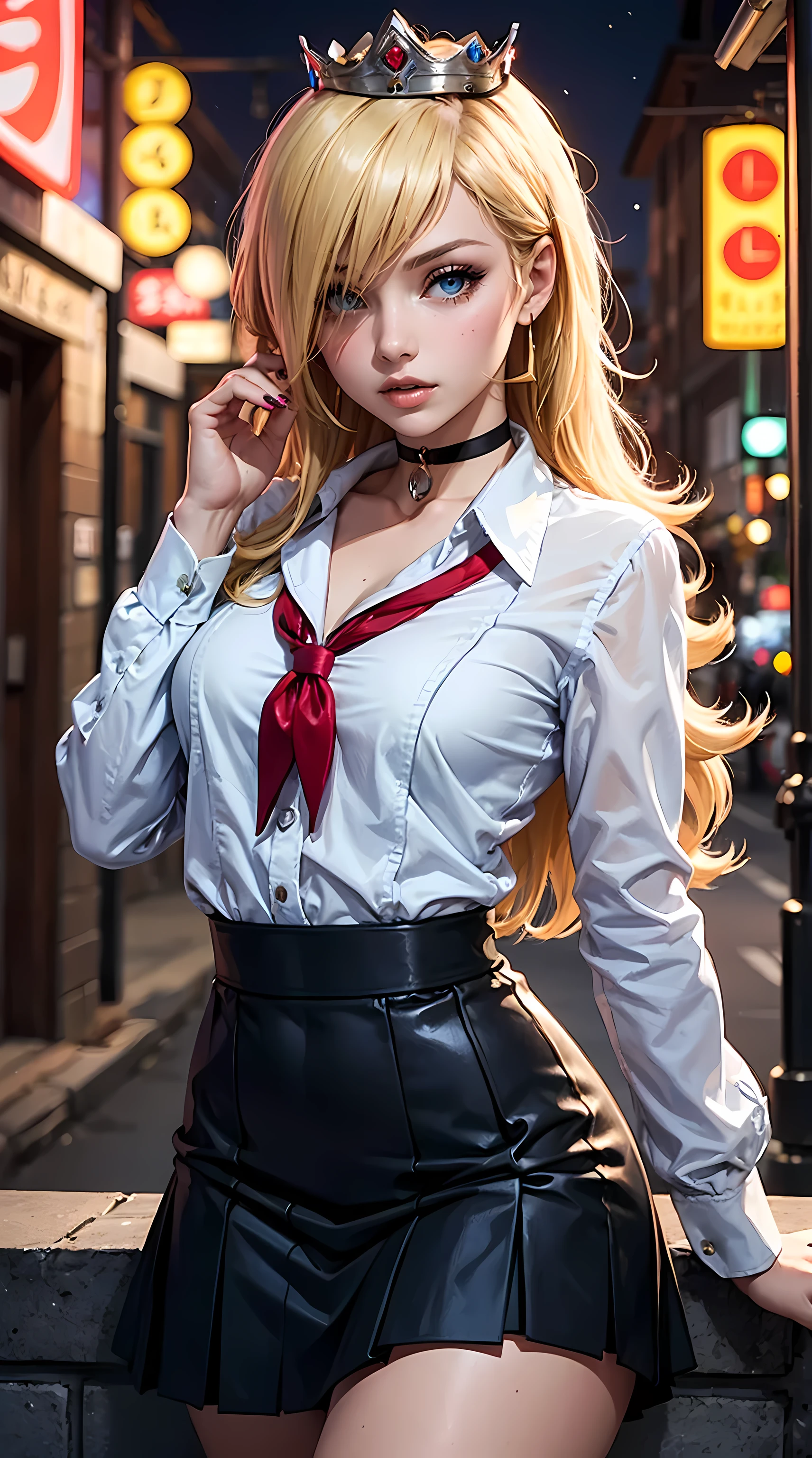 Beautiful blonde hair woman is shown to have a slender figure, she is wearing a Japanese school girl uniform, choker, sexy look, hair over eye, wearing a tiny crown, blue eyes, girl in night life ,sexy session, sexy pose, cowboy shot, superior quality, many details, realistic