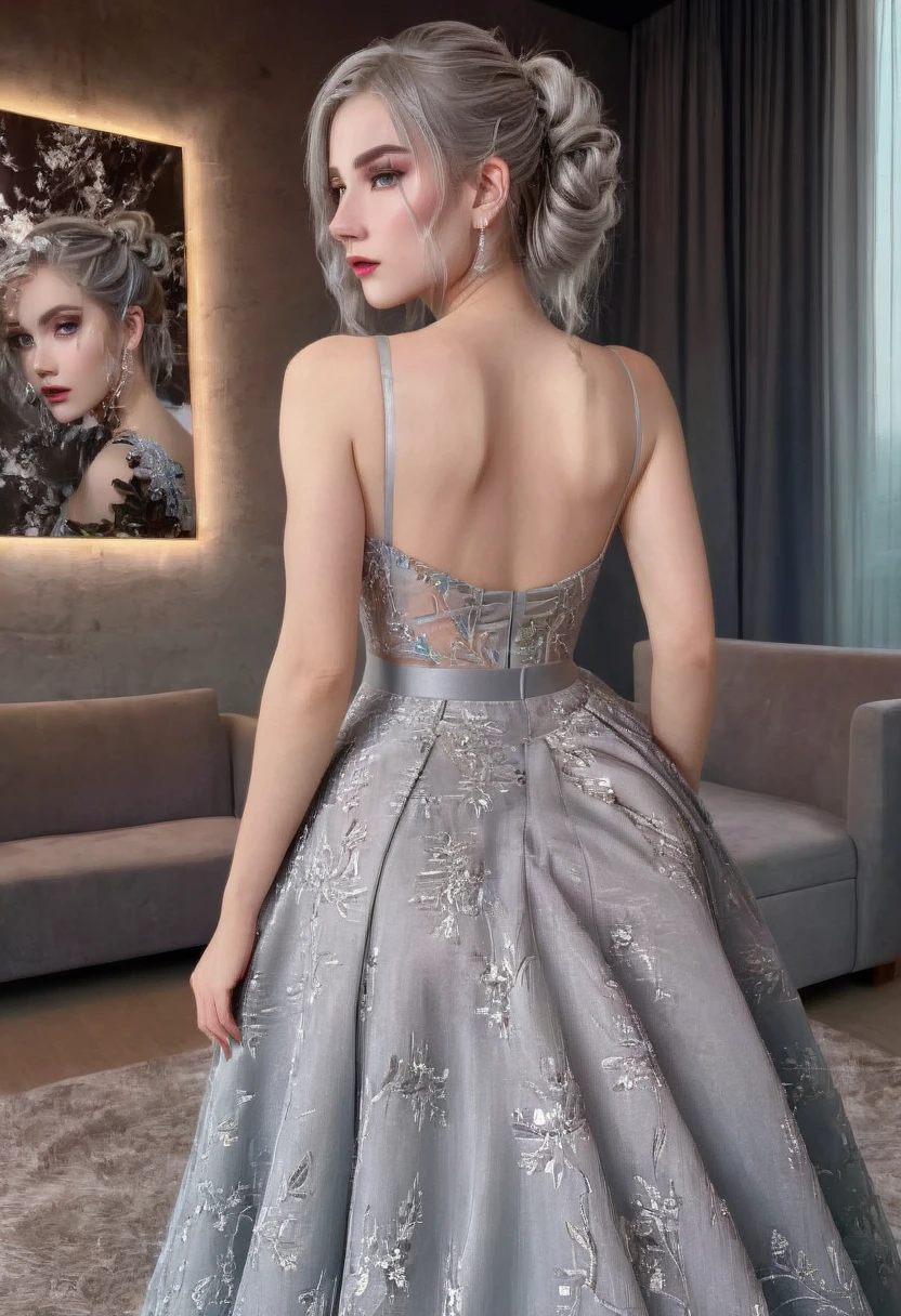 (best quality,8k,masterpiece:1.2),extremely detailed,1girl, grey two-tone hair,dress,long skirt,beautiful detailed face,elaborate,dramatic lighting,4k,detailed background,caustics,portraits,full body shot,looking at the viewer, rear view