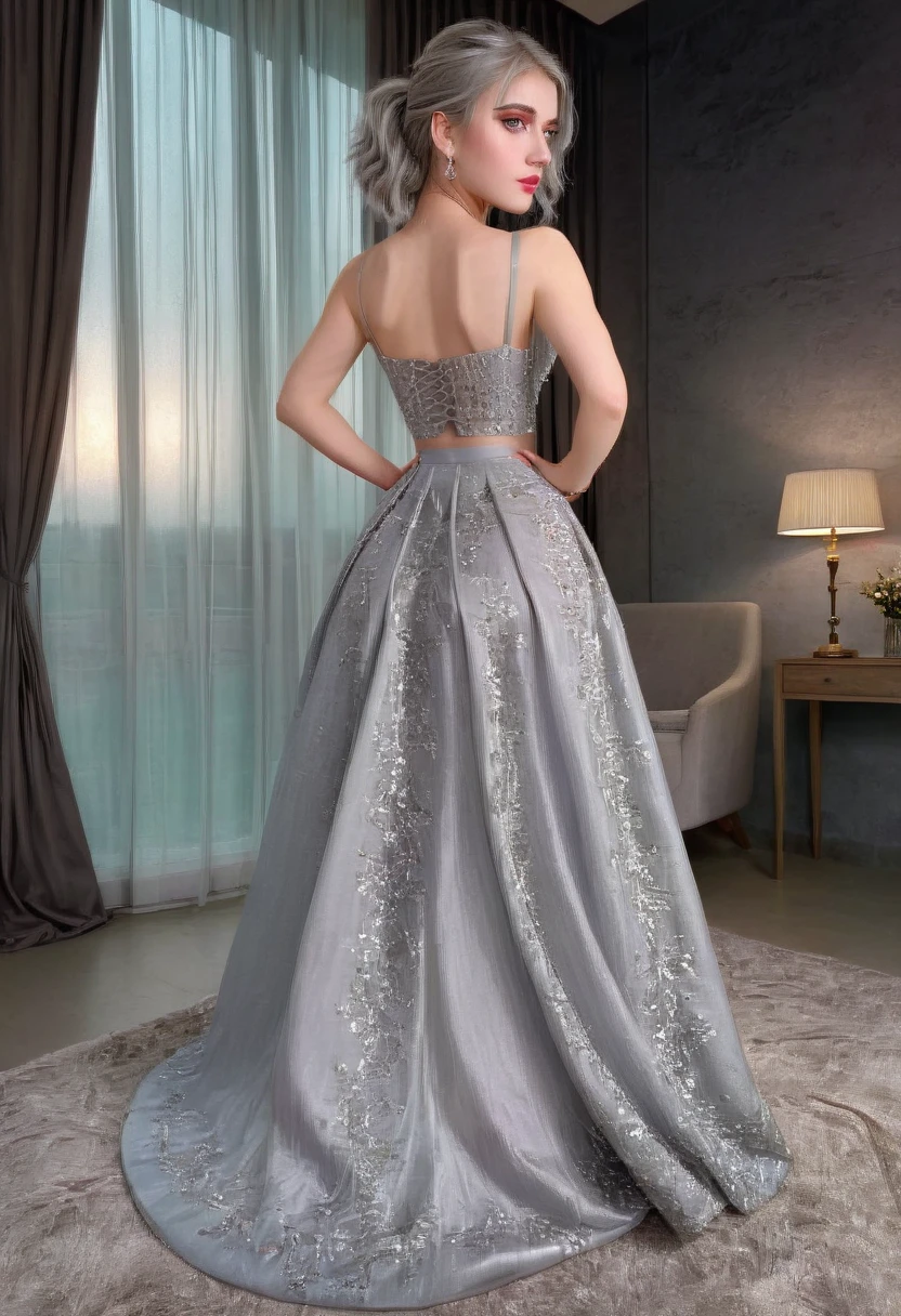 (best quality,8k,masterpiece:1.2),extremely detailed,1girl, grey two-tone hair,dress,long skirt,beautiful detailed face,elaborate,dramatic lighting,4k,detailed background,caustics,portraits,full body shot,looking at the viewer, rear view