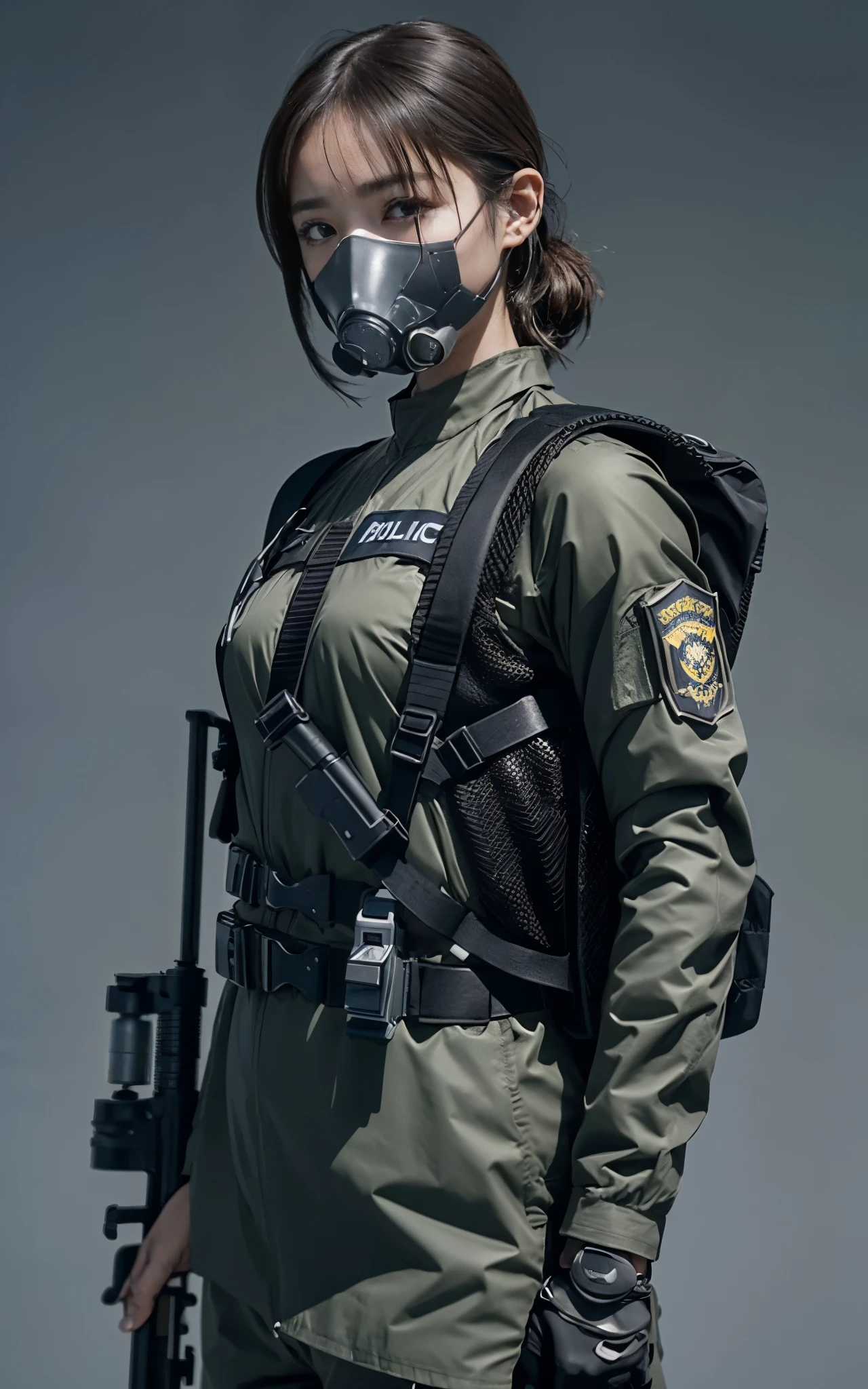 Highest image quality, outstanding details, ultra-high resolution, (realism: 1.4), ((close up:0.75, from front)), Photorealistic, highly condensed 1 lady, full body, aiming with a rifle, Combat pose, (Detailed face), looking at the viewer, (wearing nylon rash-guard as police uniform, gloves, black and gray mecha, wearing futuristic-gasmask, military harness, holding a machinegun, carrying hich-tech-backpack), background grey, Fingers are occluded