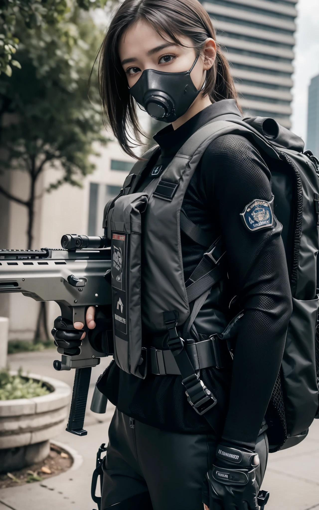 Highest image quality, outstanding details, ultra-high resolution, (realism: 1.4), ((close up:0.75, from front)), Photorealistic, highly condensed 1 lady, full body, aiming with a rifle, Combat pose, (Detailed face), looking at the camera, (wearing nylon rash-guard as police uniform, gloves, black and gray mecha, wearing futuristic-gasmask, military harness, holding a machinegun, carrying hich-tech-backpack), background grey, Fingers are occluded