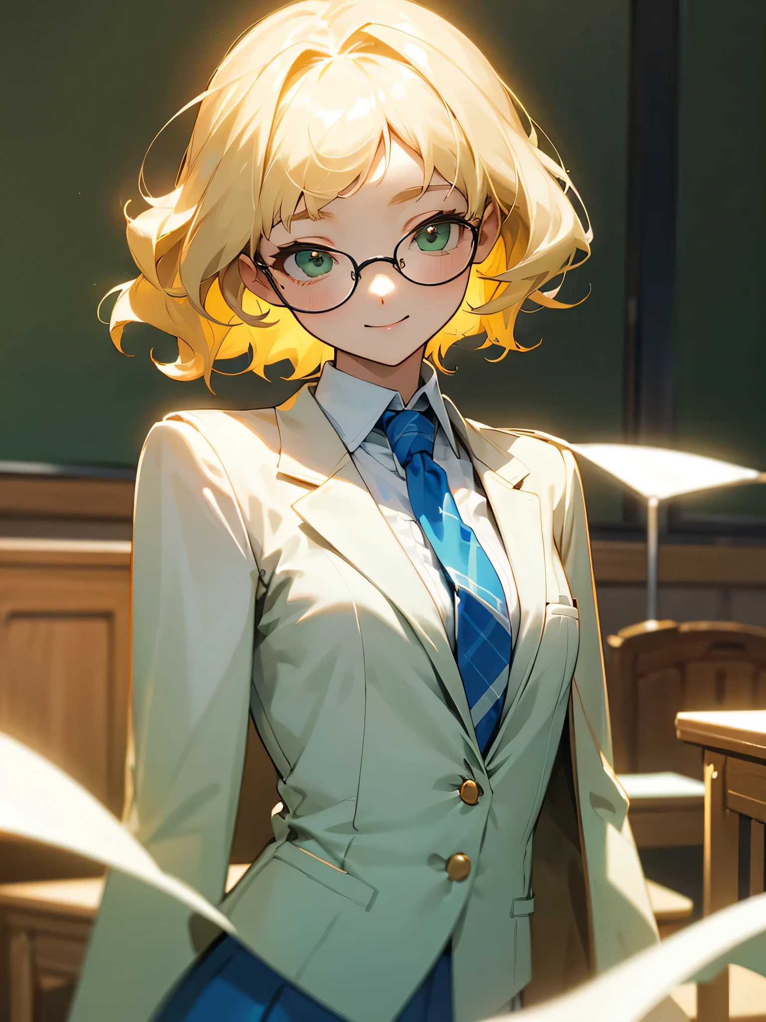 masterpiece, highest quality、girl、student、short hair、Wavy Hair、blonde、green eyes、slender、Small breasts、White blouse、Blue tie、Cream-colored blazer、Blue checked skirt、Glasses、smile、classroom、Upper Body