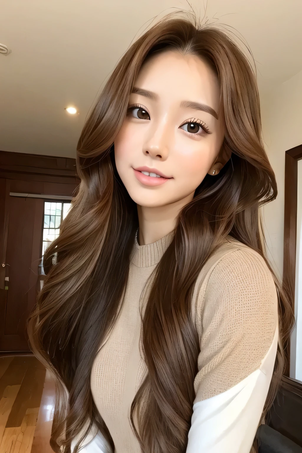 25 year old girl, Long Hair, Happy and Golden Retriever, Dark brown hair, Inside the house