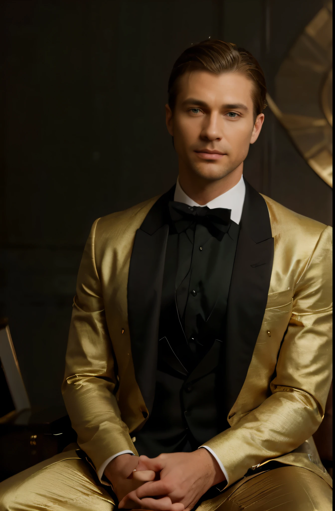 handsome 40 year old desirable caucasian man with distinguished features, athletic build, tall height, light brown medium length hair, clean cut haircut, shaved face, (intriguing green eyes), seductive smile with a gentle expression, wearing a black tuxedo jacket, wearing a gold bejeweled crown, sitting on a throne, detailed depiction of facial features, perfectly symmetrical face, crisp details, ultra-fine rendering, studio lighting which masterfully accentuates his excellent features,