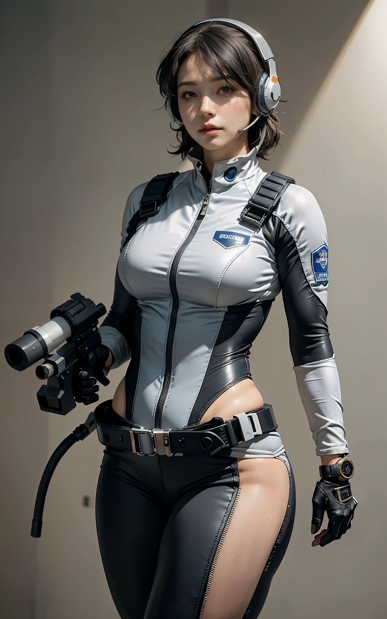 Highest image quality, outstanding details, ultra-high resolution, (realism: 1.4), ((close up:0.75)), highly condensed 1lady, with beautiful and a delicate face, perfect proportion, (chubby:0.3, small breasts), (wearing racing suit likes police uniform, black and gray mecha, wearing high-tech headset, military harness, holding a machinegun), captain, background simple gray wall,
