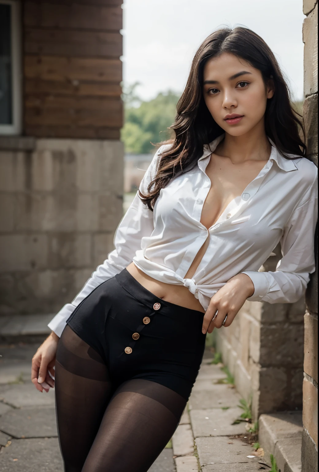 ((17-year-old))), mixed black girl, (((light skin))), (((full body pose))), (((long curly black hair))), (((wearing only a mans long, white, button-up shirt, unbuttoned))), (((seamless, black, pantyhose under the shirt))), dark fantasy, Rich, Deep Colours, (intricate details:0.9), (HDR, hyper-detailing:1.2), (natural skin textures, hyper realisitc, glistening skin, soft light, Sharp),