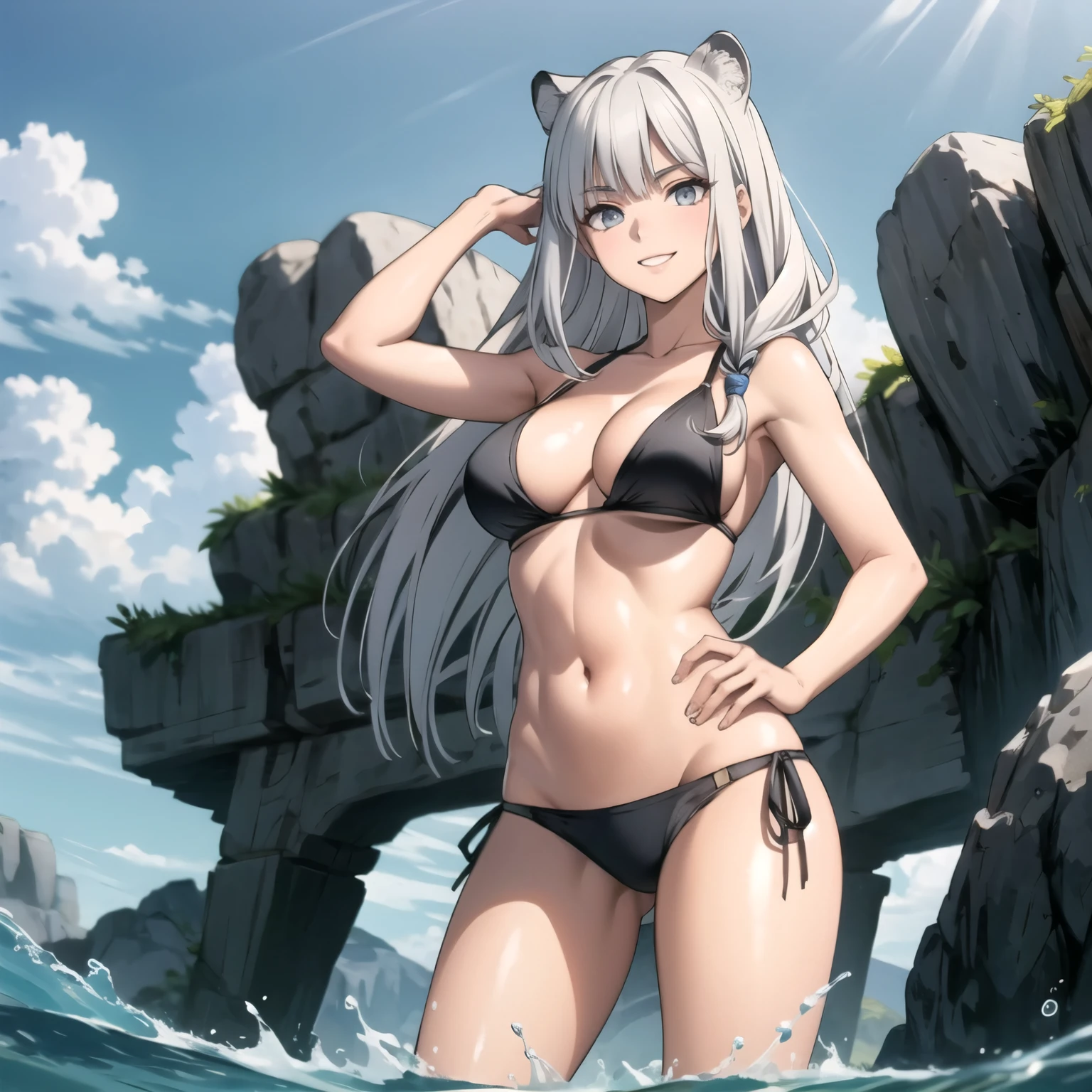 orejas de tigre blanco, atla. mujer ciega con sus ojos cerrados,  orejas de tigre blanco,  cabello blanco rayado,  sonrisa traviesa mostrando los dientes,   grandes bikini negro nco. bathing. en aguas termales. cuerpo completo de pie parada. standing hands behind head. . cuerpo completo. manos perfectas. pechos gran