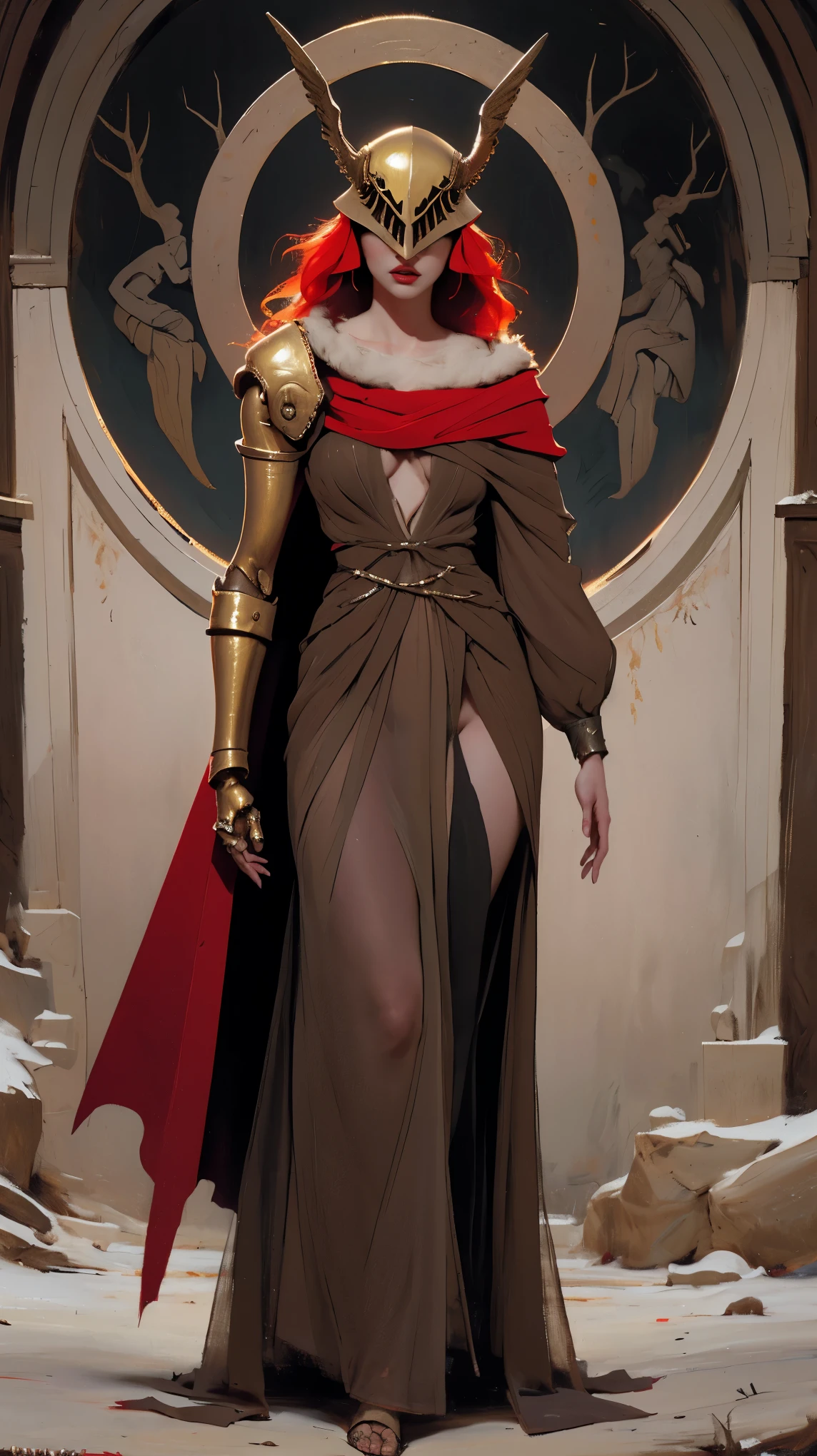 Highly detailed, High Quality, Masterpiece, beautiful, 1girl, prothestic leg, single mechanical arm, prosthesis, MaleniaDef, armor, cape, helmet, brown dress, full body,
