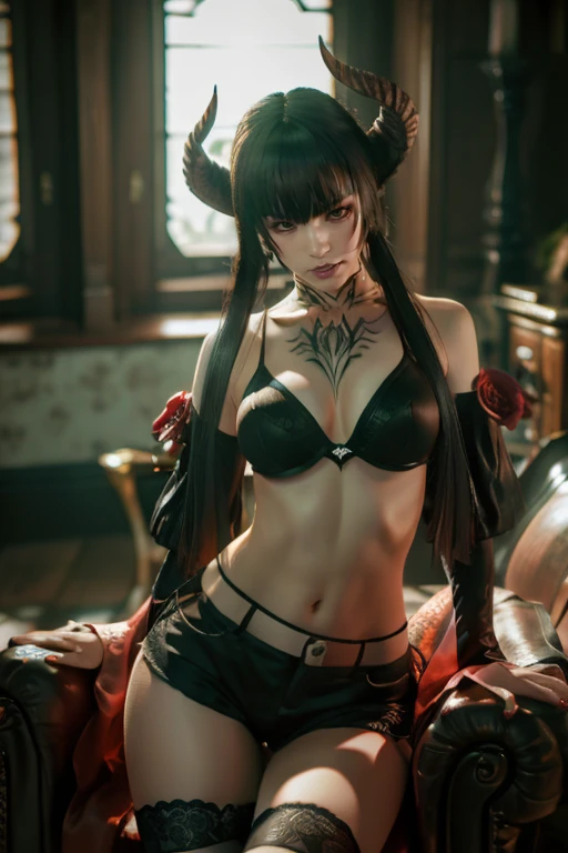 Eliza from Tekken, in a black bra with a blouse falling off her shoulders, in short shorts, sensual look, in the living room of her house relaxing, soft orange light over the environment at dusk