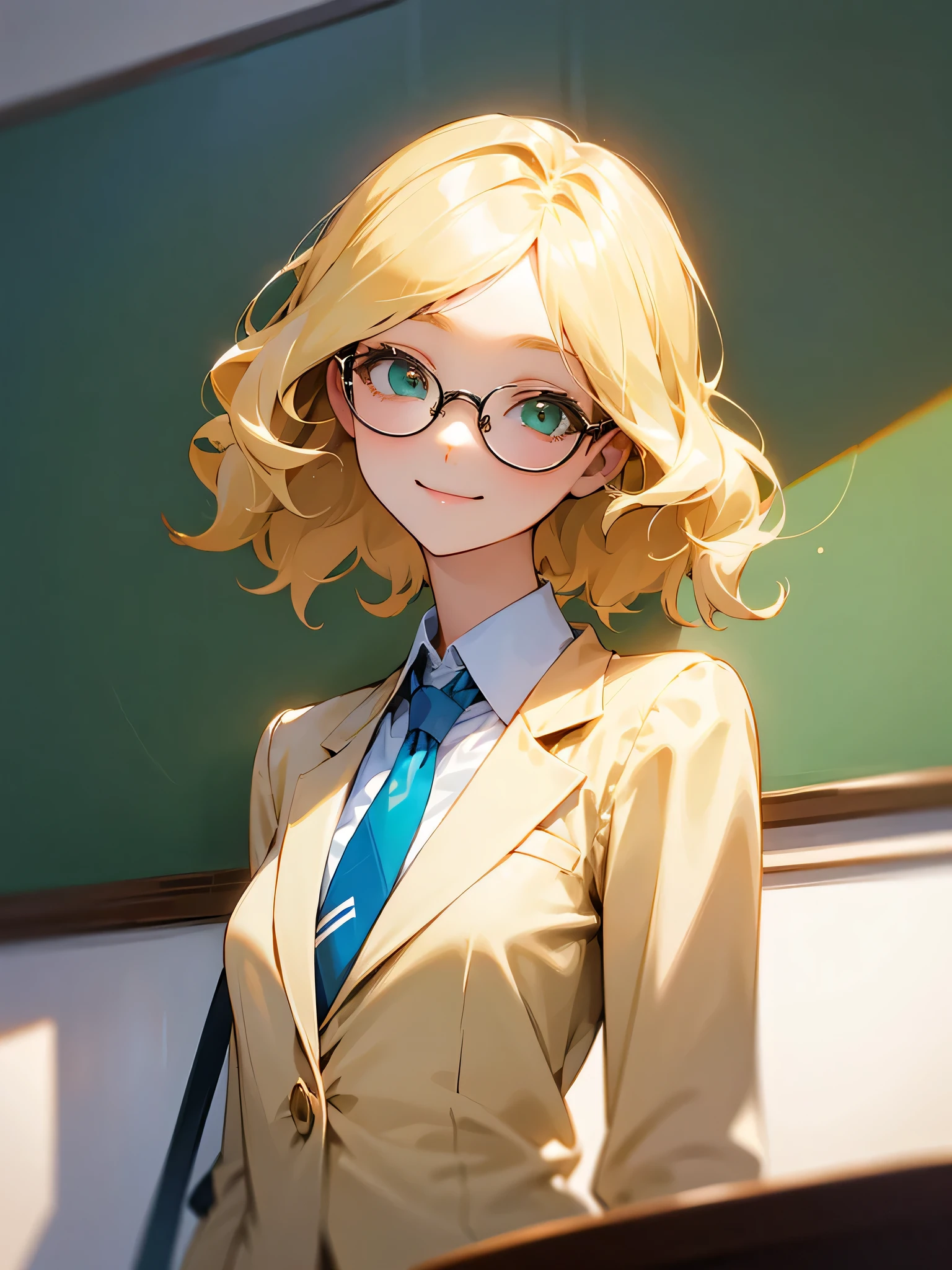 masterpiece, highest quality、girl、student、short hair、Wavy Hair、blonde、green eyes、slender、Small breasts、White blouse、Blue tie、Cream-colored blazer、Blue checked skirt、Glasses、smile、classroom、Upper Body
