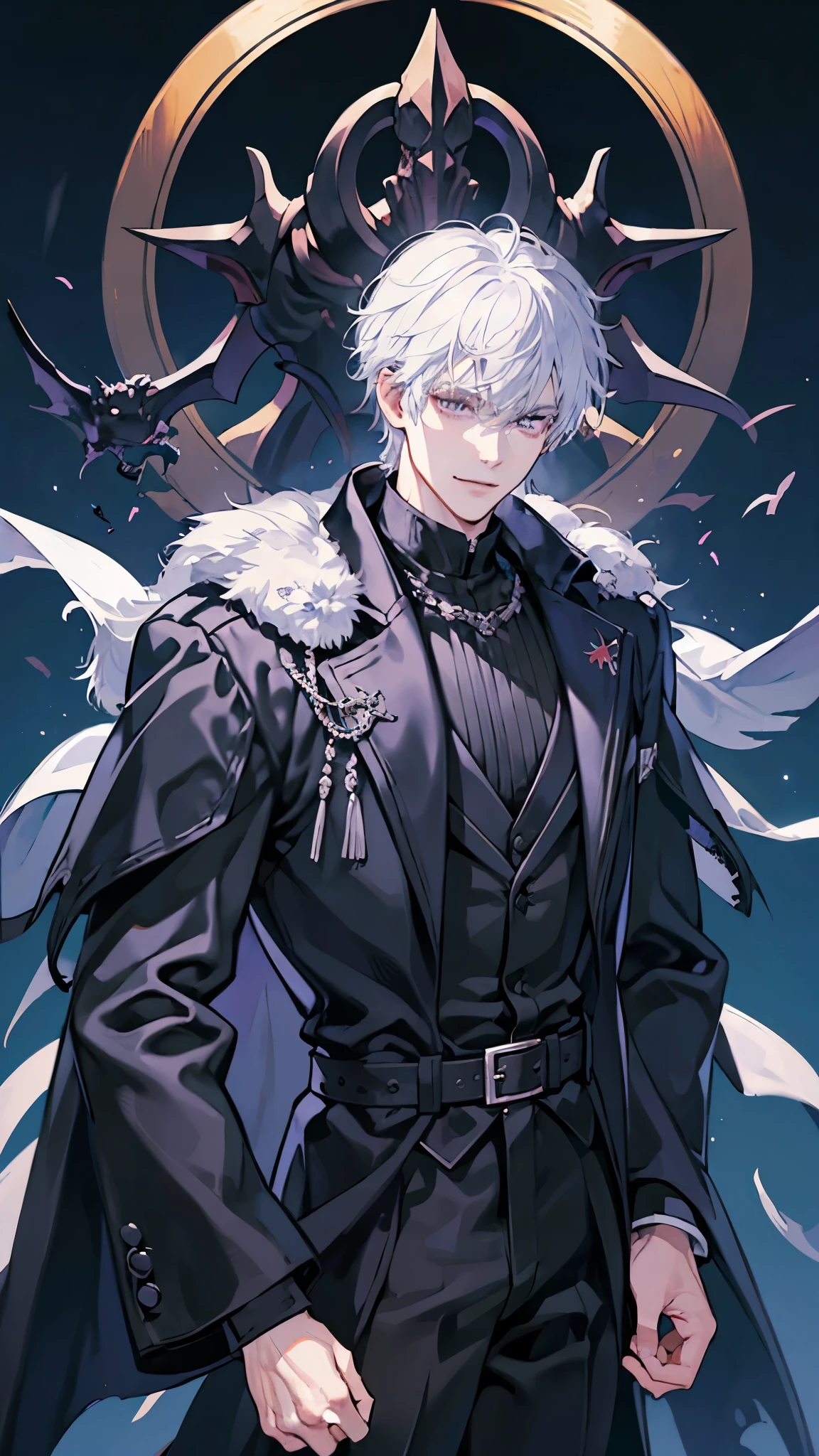 White hair man. Cool. Naughty. Grinning. Canine teeth visible. Dark knight. All black outfit with purple secondary color. Black prince. Very cool. Tall and handsome. All hands down. North duke type. Masculine. Stocky. Solo