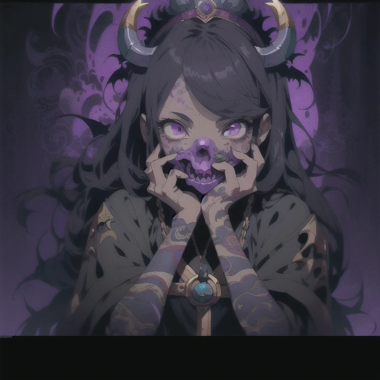 a gray-skinned demon, 3 meters tall, dressed in semi-formal clothing, gloves, broken angel wings, white eyes and a charming smile, long semi-wavy black hair which is tied up in a bun