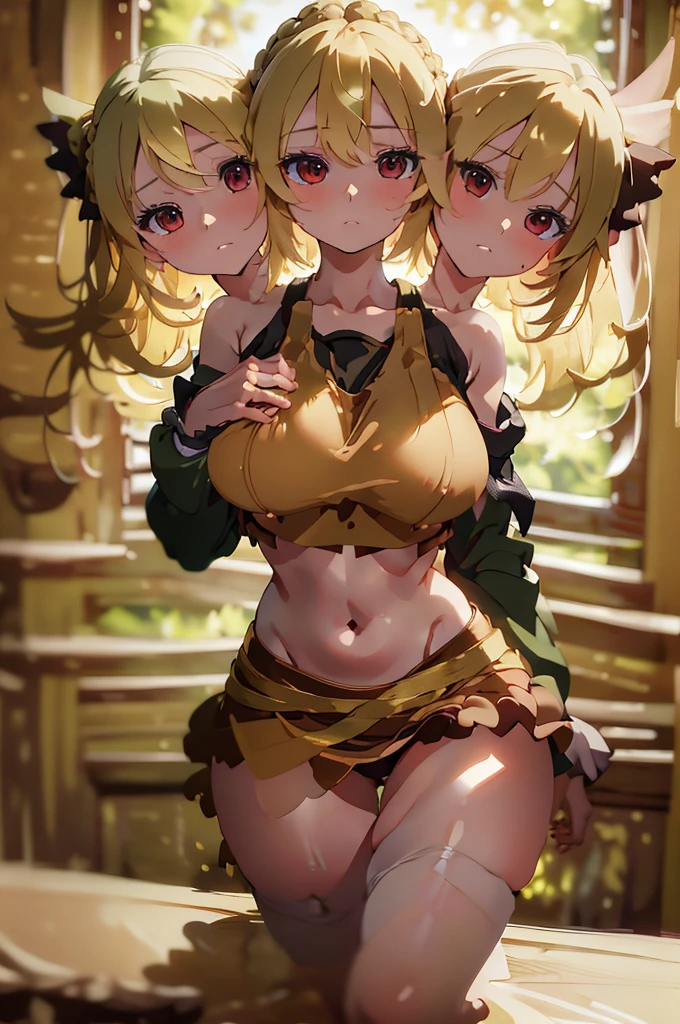 (masterpiece, best quality), best quality, (ultra-detailed), (3heads:1.5), 1girl, (yamame kurodani:1.3), masterpiece, best quality, ultra quality, ultra resolution, ultra detail, black and brown top, crop top, ((stomach)), midriff, ((groin)), brownish-black skirt, normal ears, shackles, blonde hair, very long hair, wavy hair, tied to a bun, brown eyes, very detailed eyes, parted lips, blonde, sweat, cute, toned belly, hand on own chest, eyelashes, (24 year old woman:1.3), (masterpiece:1.5), (best quality:1.5), (beautiful detailed), extremely detailed CG, extremely delicate and beautiful, depth of field, (finely detailed face), (perfect details:1.3), (mature female:1.3), wide pelvis, slender, large veiny breast, 16k resolution, highres, high quality, high definition, extremely detailed, masterpiece, blonde hair, long hair, alluring presence, braid, short skirt, close up, big tits, young, blonde,