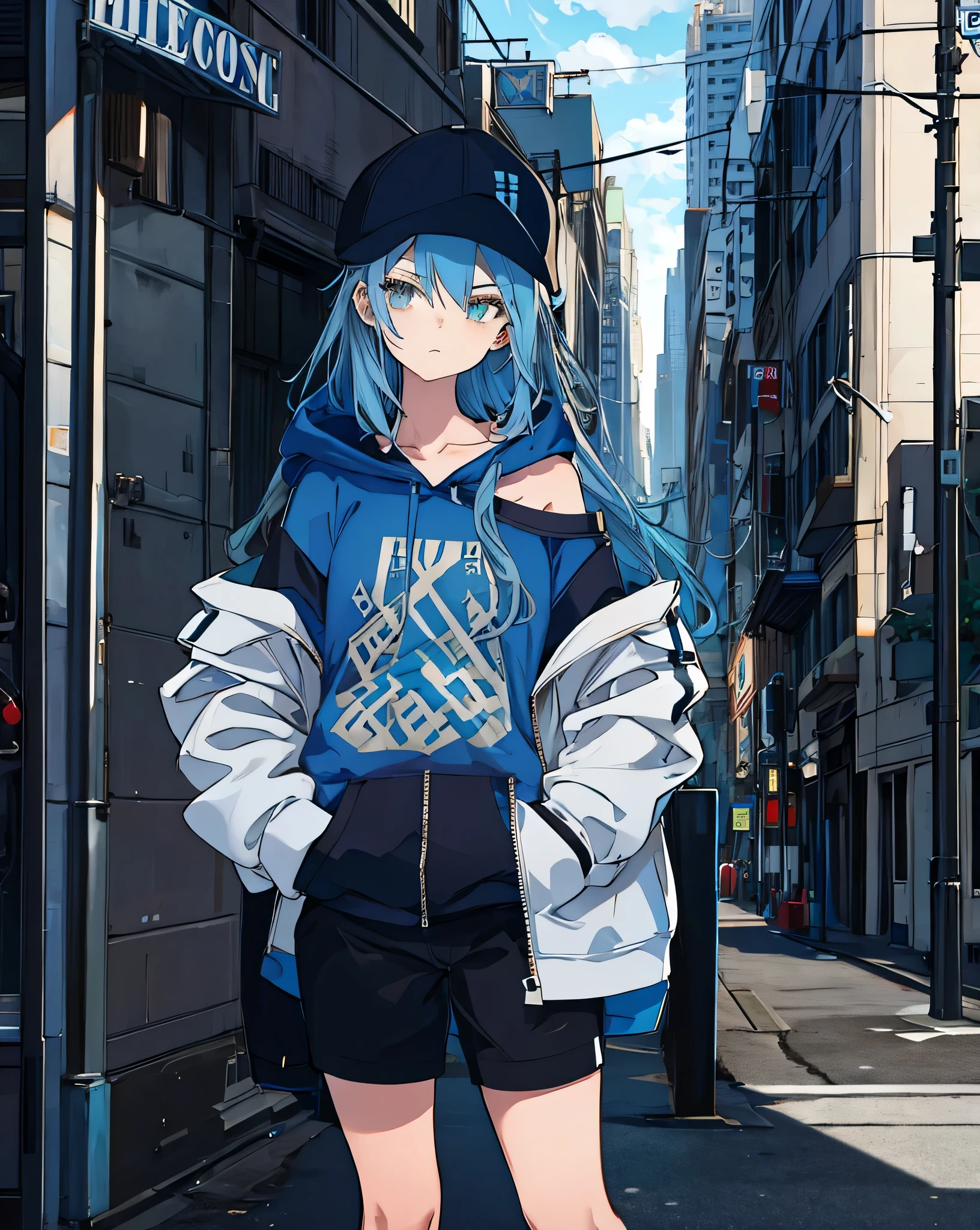 masterpiece,1girl,solo,long hair,blue hair,hoodie,off shoulder:1.2, mob cap, street,hand on hip, hand in pocket,