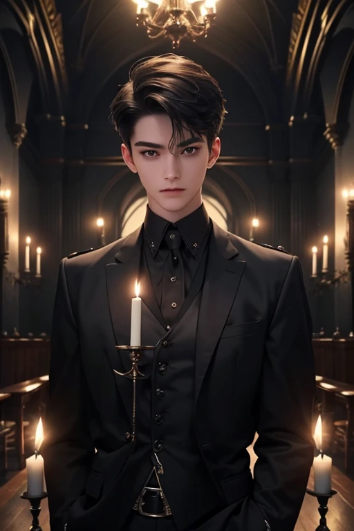 ((Best quality)), ((masterpiece)), (detailed), ((perfect face)), ((halfbody)) perfect proportions ,He is a handsome student, 18 years old, short hair, topless in uniform, there is a background of a school gothic room with lit candles, gnostic vibe ((perfect face))