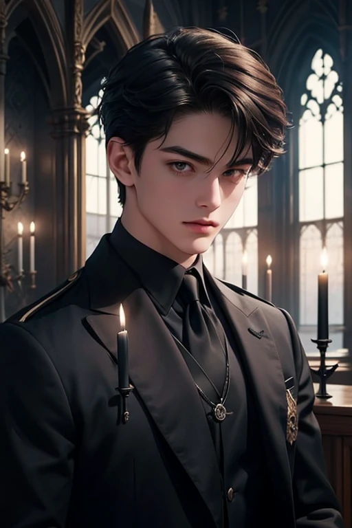 ((Best quality)), ((masterpiece)), (detailed), ((perfect face)), ((halfbody)) perfect proportions ,He is a handsome student, 18 years old, short hair, topless in uniform, there is a background of a school gothic room with lit candles, gnostic vibe ((perfect face))