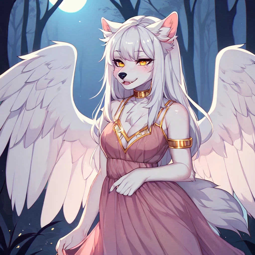 (By hyattlen, by fumiko, by claweddrip):1.1 solo:1.1, (white wolf girl), female, fluffy white ears, gold_tips_on_ears:1.1, (white_body:1.1), black nose, cute snout, fluffy white tail, gold tail tip, gold inner ears, long white hair, straight hair, heavy thick bangs, side part, visible fangs, hyena_teeth:1.1, large sharp canine teeth, showing teeth, detailed teeth, detailed gold eyes, gentle eyes, fluffy furred chest, baby doll pink dress, fully furred body, angel wings, walking through a heavily wodded forest, at night, nighttime