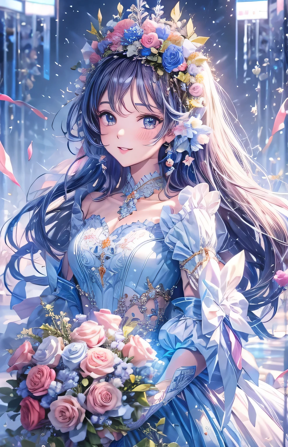 ((highest quality)), ((masterpiece)), (Get used to it), Perfect Face , beautiful girl , Princess , blue , bouquet ,