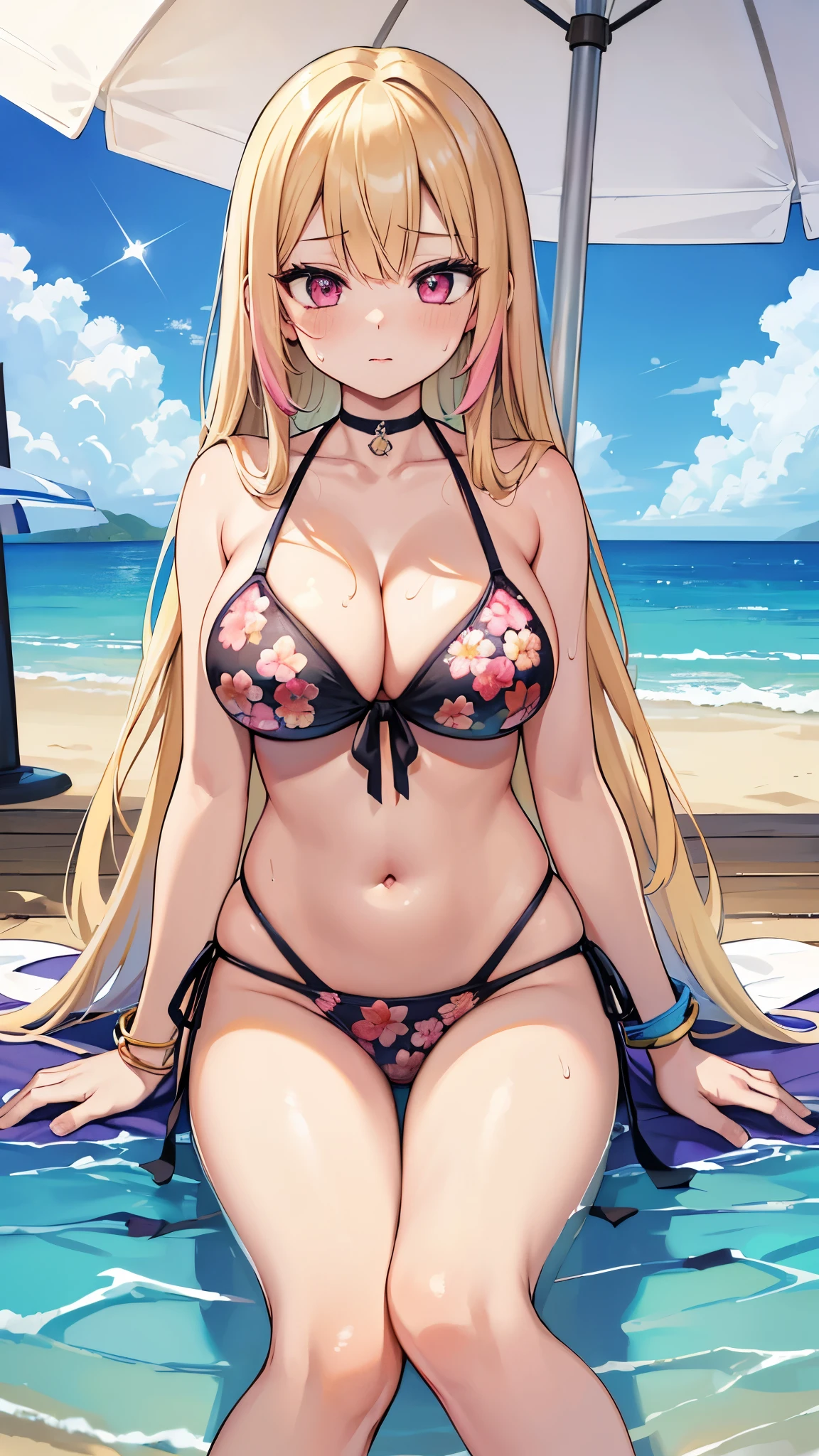 (((masterpiece))), (((best quality))), ((ultra-detailed)),perfect body, perfect anatomy,(masterpiece), (best quality:1.4), (ultra high res:1.2), (sharp focus:1.3), detailed face, detailed breasts, detailed illustration, 1girl, beach, beach umbrella, bikini, blonde hair, blue sky, bracelet, choker, cleavage, eyelashes, floral print, gradient hair, jewelry, large breasts, long hair looking ahead, multicolored hair, navel, on ground, outdoors, pink eyes, sitting, solo, sweat, swimsuit, starrystarscloudcolorful, mksks,