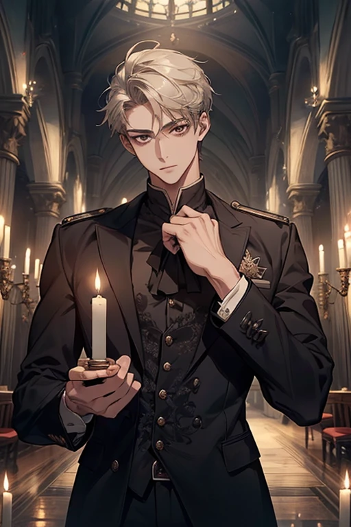 ((Best quality)), ((masterpiece)), (detailed), ((perfect face)), ((halfbody)) perfect proportions ,He is a handsome student, 18 years old, short hair, topless in uniform, there is a background of a school gothic room with lit candles, gnostic vibe ((perfect face))