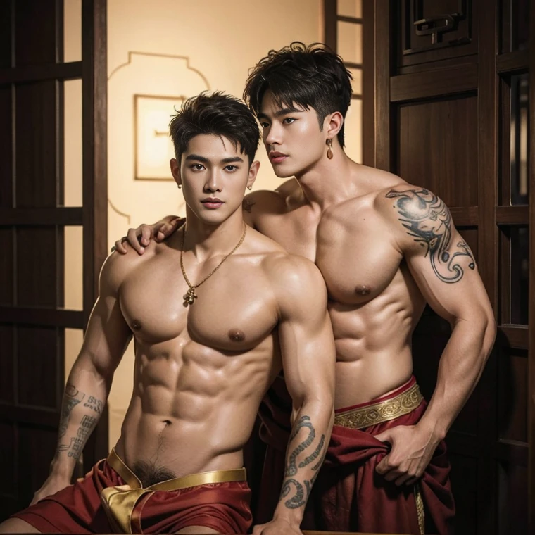 Two  handsome boys fucking,have sex, bj, dick in mouth, smiling at each other,hugging, kissing, touching lips, cuddle, romantic,skin ship,  lift position, penetration, Chinese Men God, Mythology, realistic, Chinese odyssy, super Handsome,manly,  kpop idol, handsome korean actor, 20 years old,, detailed face, manly jawline, detailed mess curly styling hair,  Topless, Muscles, big breast Athlete body, Full Frame,full body shoots, Sexy, realistic, human skin, tattoo breast, Professional studio Lighting, long red tibet wedding Outfit, jade and golden pendent all over , detailed jewery in dress, earings,Chinese ancient wedding Background,out door, super detailed background,look at camera ,  open mouth, sexy Underneathe Underwear, tibet Warrior, Hanfu  red wedding dress,  tibet Male, tibet Nobel, Seduce, Sex Appeals , naked body, tattoo chest, tattoo arms, tattoo hands, tattoo back, tattoo legs ,super big cock, long big dick masturbate,detailed dick and ball, dick in correct shape, big juicy butts.