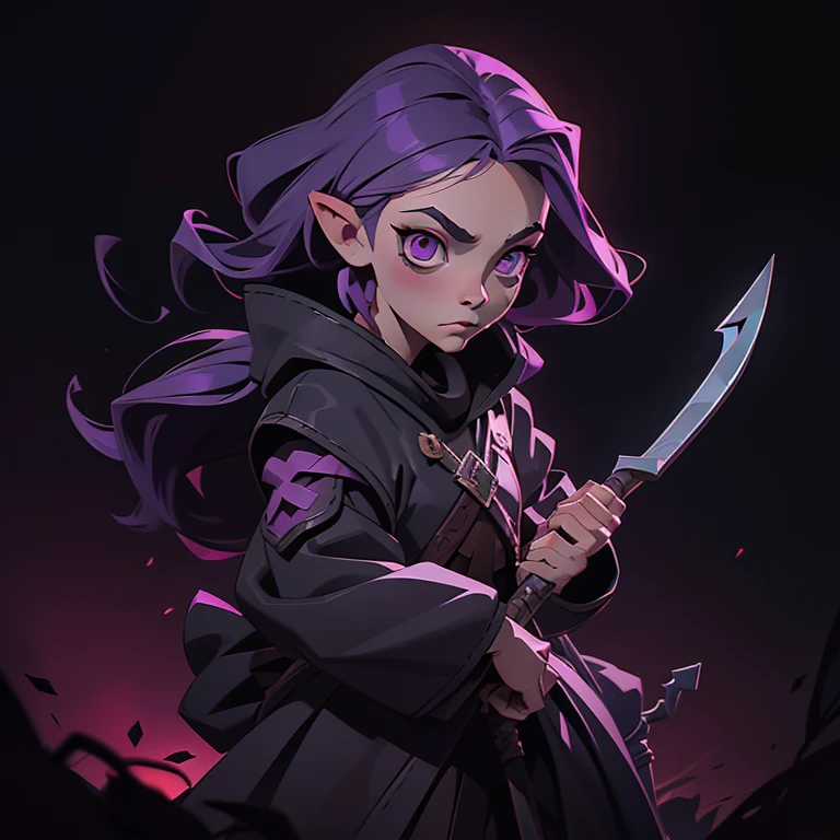 a cartoon image of a person with a scythe, natalie from epic battle fantasy, dark and grim lighting, looks like christina ricci, chibi monster girl, purple cloth, hearthstone card artwork, horror tones, inside a crypt, dwarf, dark colour, rotten flesh, villager, inspired by Krenz Cushart