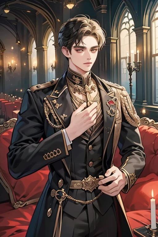 ((Best quality)), ((masterpiece)), (detailed), ((perfect face)), ((halfbody)) perfect proportions ,He is a handsome student, 18 years old, short hair, topless in uniform, there is a background of a school gothic room with lit candles, gnostic vibe ((perfect face))