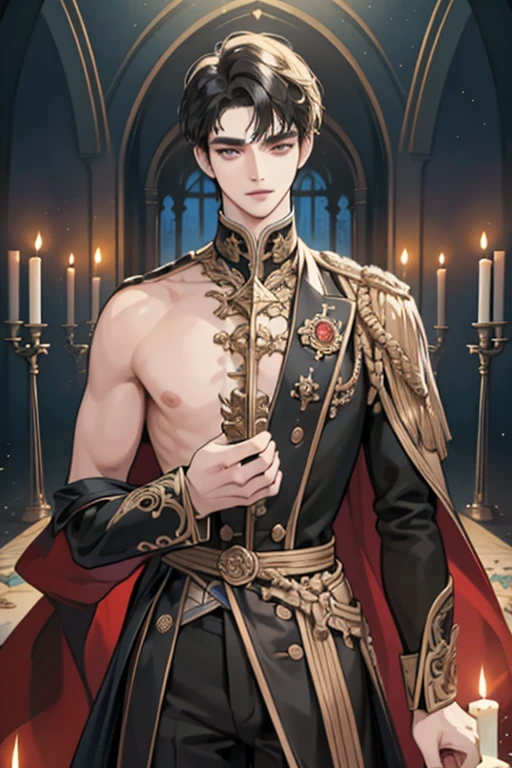 ((Best quality)), ((masterpiece)), (detailed), ((perfect face)), ((halfbody)) perfect proportions ,He is a handsome student, 18 years old, short hair, topless in uniform, there is a background of a school gothic room with lit candles, gnostic vibe ((perfect face))