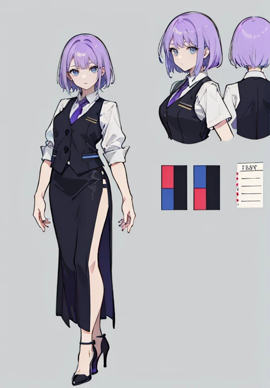 ((Perfect Face)),Purple Hair,short hair,1 female,bartender,,Black vest,A shirt with rolled up sleeves,tie,skirt,slit,High heels,,((Simple Background)),((smile)),((Full Body)),((full body)),Character portrait,Character sheet,upright,