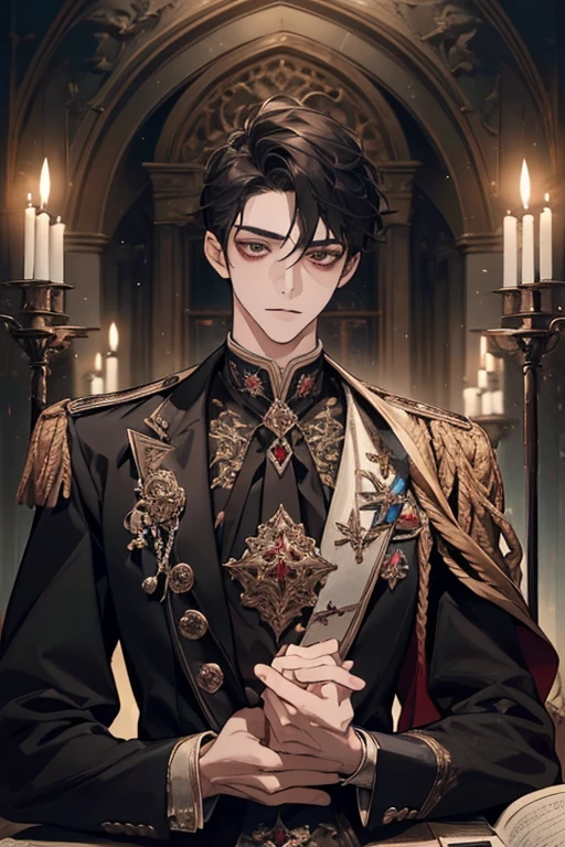 ((Best quality)), ((masterpiece)), (detailed), ((perfect face)), ((halfbody)) perfect proportions ,He is a handsome student, 18 years old, short hair, topless in uniform, there is a background of a school gothic room with lit candles, gnostic vibe ((perfect face))