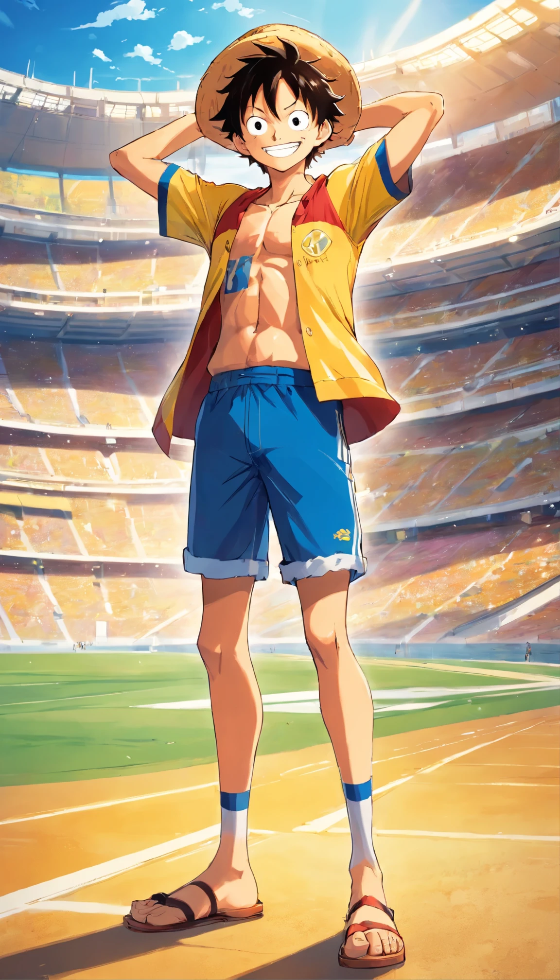 “Luffy in full standing in a stadium smiling while wearing a yellow blue and white Brazil shirt with stripes the number 11 on his normal shorts from the series and he is wearing his straw hat and holding it.”