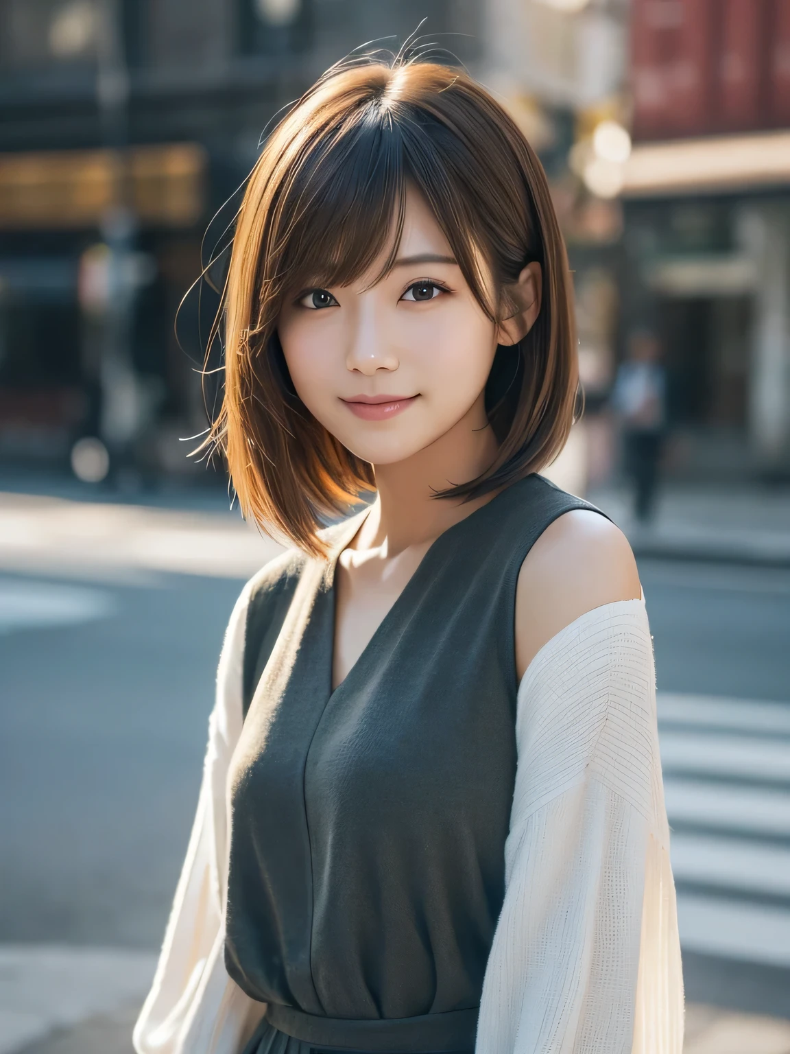 Chin-length hair, Straight Hair,Bob length hair, Chiho, Shoulder-length hair, Shoulder-length hair, Light brown neat hair, Mid-length hair, Chie Yoshii's Style, Medium length hair, Light Brown Hair, 別れたLight Brown Hair,A refreshing long-sleeved white blouse for summer,masterpiece, highest quality, (Highly detailed CG Unity 8k wallpaper), (highest quality),Raw photo,超A high resolution、(Photorealistic:1.4)、Highly detailed and professionally lit smile、Super detailed face、、Golden Hour Lighting,Highly detailed CG Unity 8k,Her profile.Hair with details like in the photo、Hair like a live action,Concrete wall background,Expressionless woman,Dark Eyes