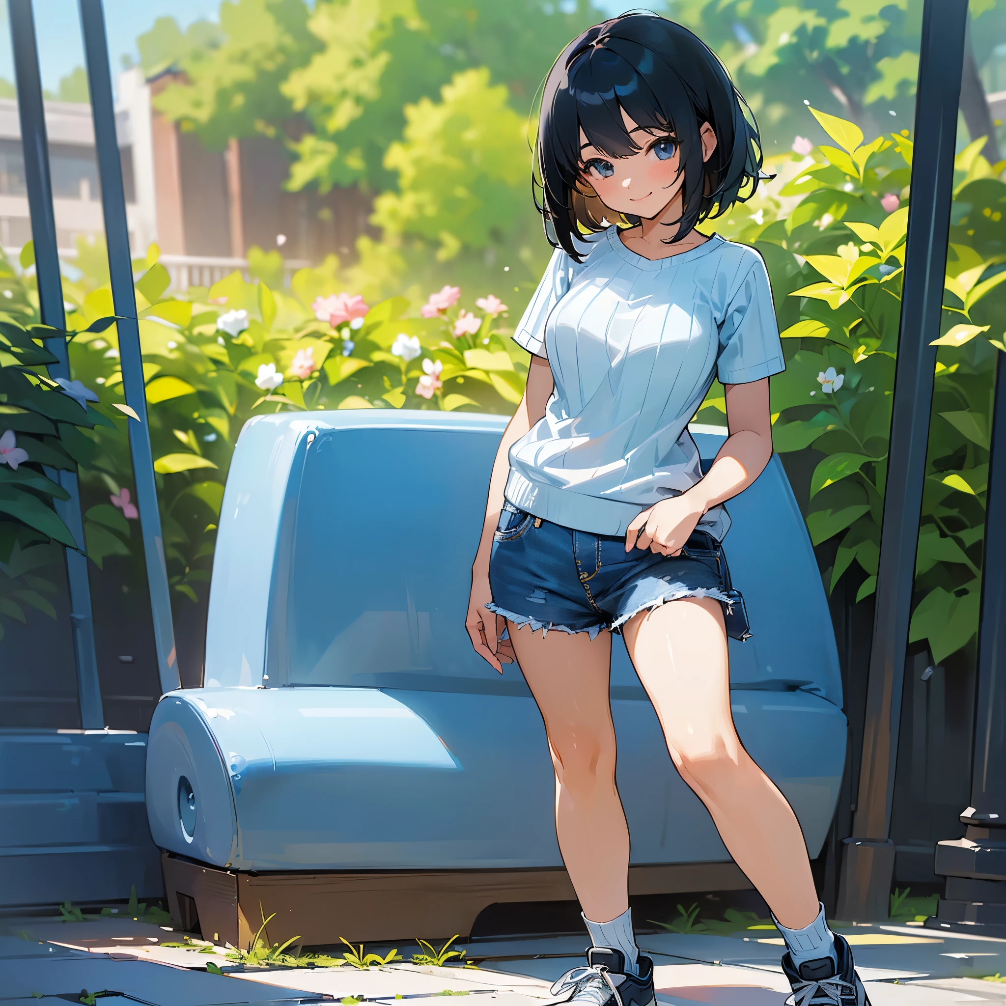 (high quality, High resolution, Very detailed, reality:1.37), Peaceful atmosphere, (Outdoor, garden),  girl standing alone, (my breasts are big.), Beautiful detail features, Cute Smile, (Black bob hair), Short sleeve ribbed sweater, Denim mini skirt, Blue socks, sneakers.