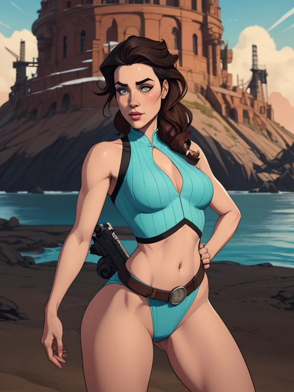 Woman character jeday style warrior armed with a 38 revolver western style atompunk Fallout 4 Jennifer Connelly le with marks of war Cartoon image of a woman .Ilustra??o estilo desenho animado, estilo de arte dos desenhos animados, estilo de arte dos desenhos animados, digital illustration style, estilo atompunk design de personagens altamente detalhado, arte digital detalhada coragem, Forest fan art, Design de personagens de retrato, beautiful digital illustration, retrato de alta qualidade, Arte em quadrinhos, mulher jovem cabelo com transas lindas . Queen Anna of ArendelleBeautiful lined eyes Medium large bust and wonderful y clothes. image expression of sexsire frst to head illustration Queen Anne of Arendelle atompunk style Fallout 4 The perspective is from below, enfatizando a majestade e o poder da Gigante." armed with a 38 revolver western style with a 38 revolver in her hands jeday style warrior in summer clothes on the beach