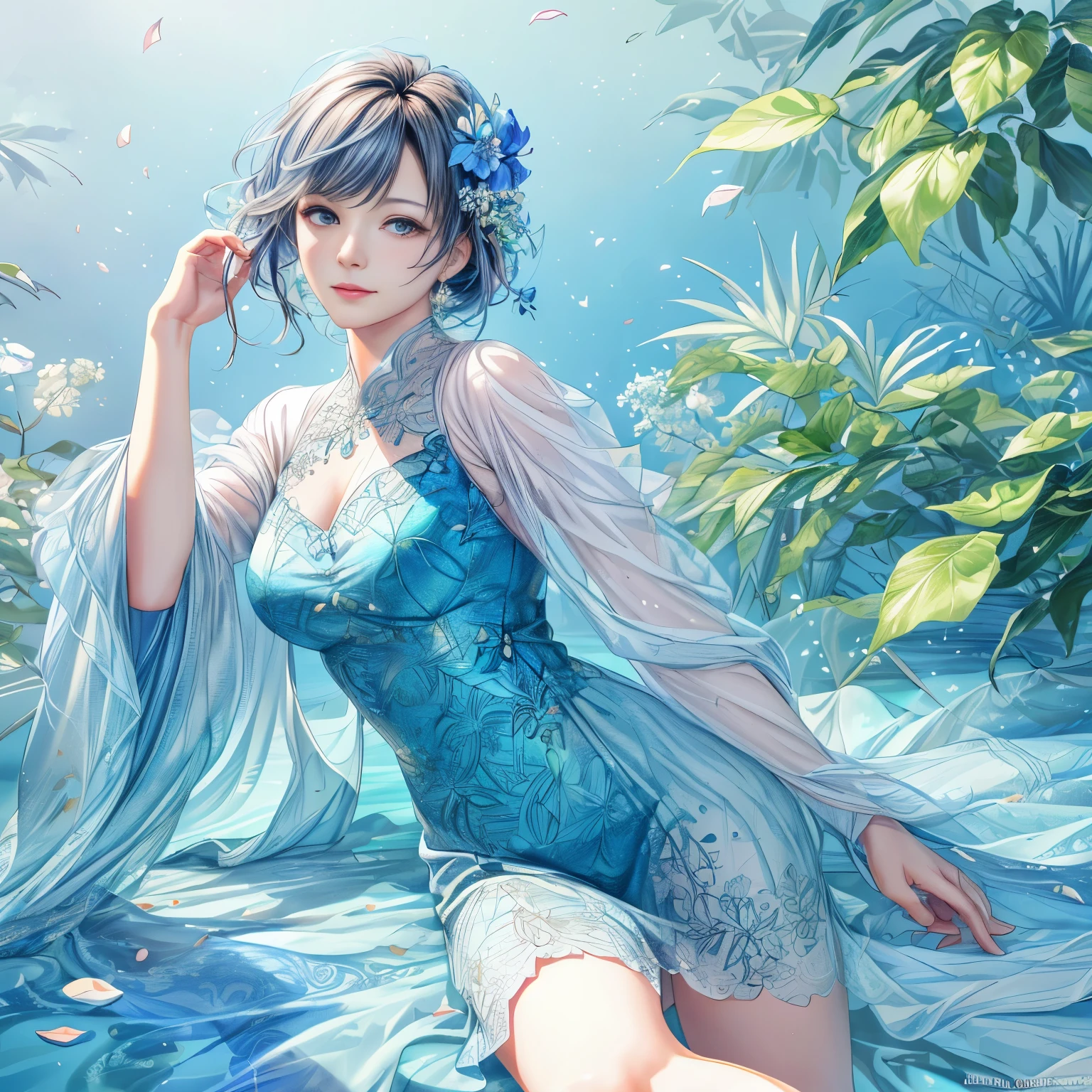 (highest quality,4K,8k,High resolution,masterpiece:1.2), Very detailed, (Realistic:1.37), (CG:1.1) (highest quality) Natural, blue sea with delicately colored tree leaves and flower petals falling in the air, Light Tracing, Very detailed, (Best Shadow) and (An illustration).